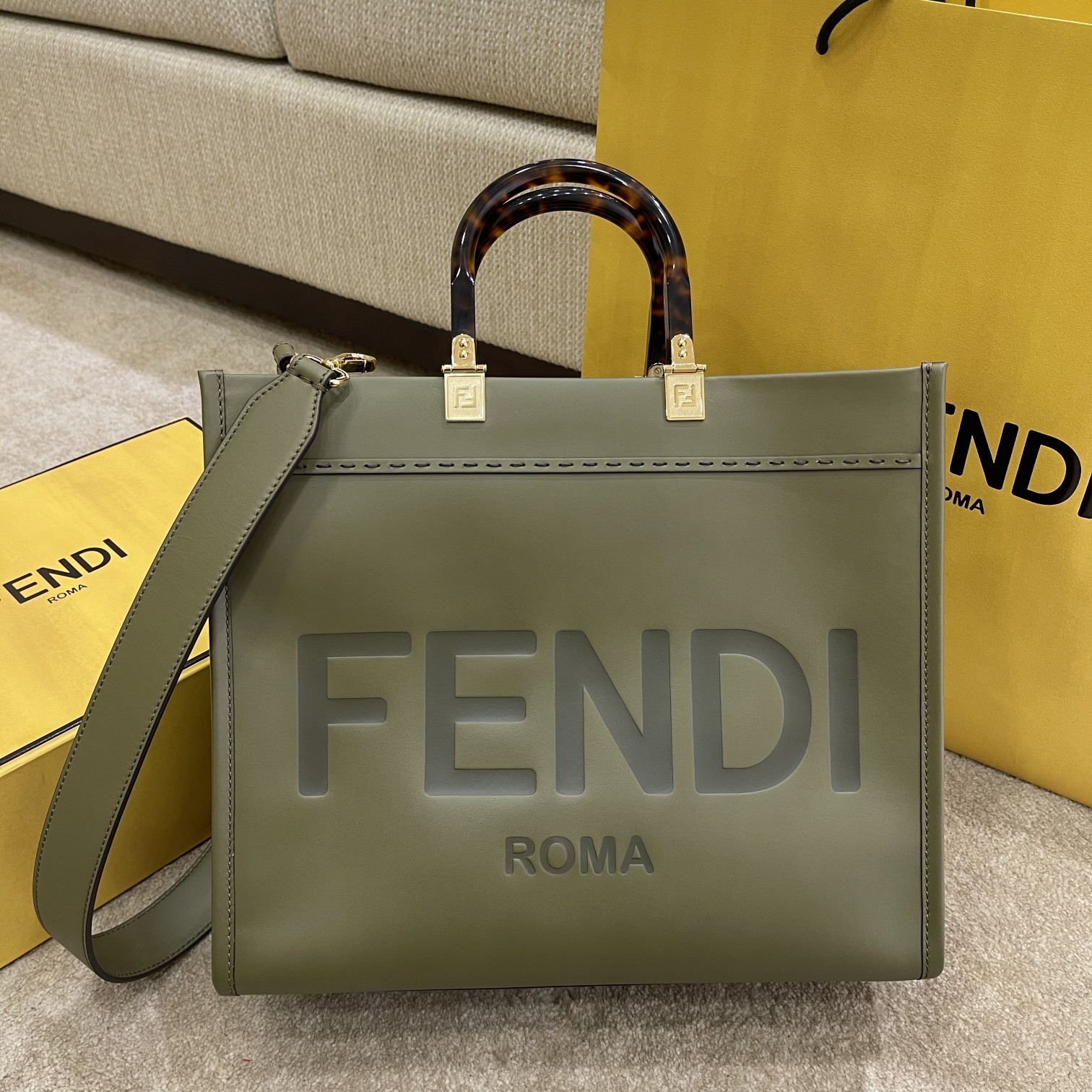 Fendi Sunshine Medium Leather And Elaphe Shopper Bag 8BH386 Khaki